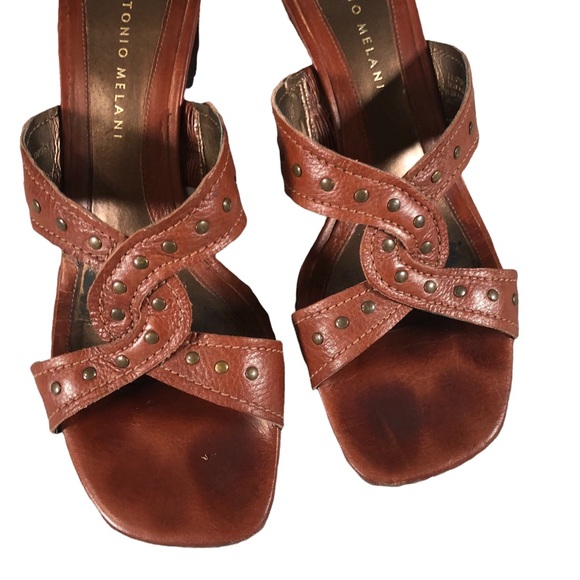 Antonio Melani Brown Heeled Sandals Gold Ton Studs Leather Twist - Picture 10 of 10